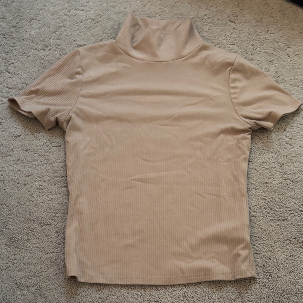 Blue Rain Ribbed Short-Sleeve Mock Neck Top - Beige